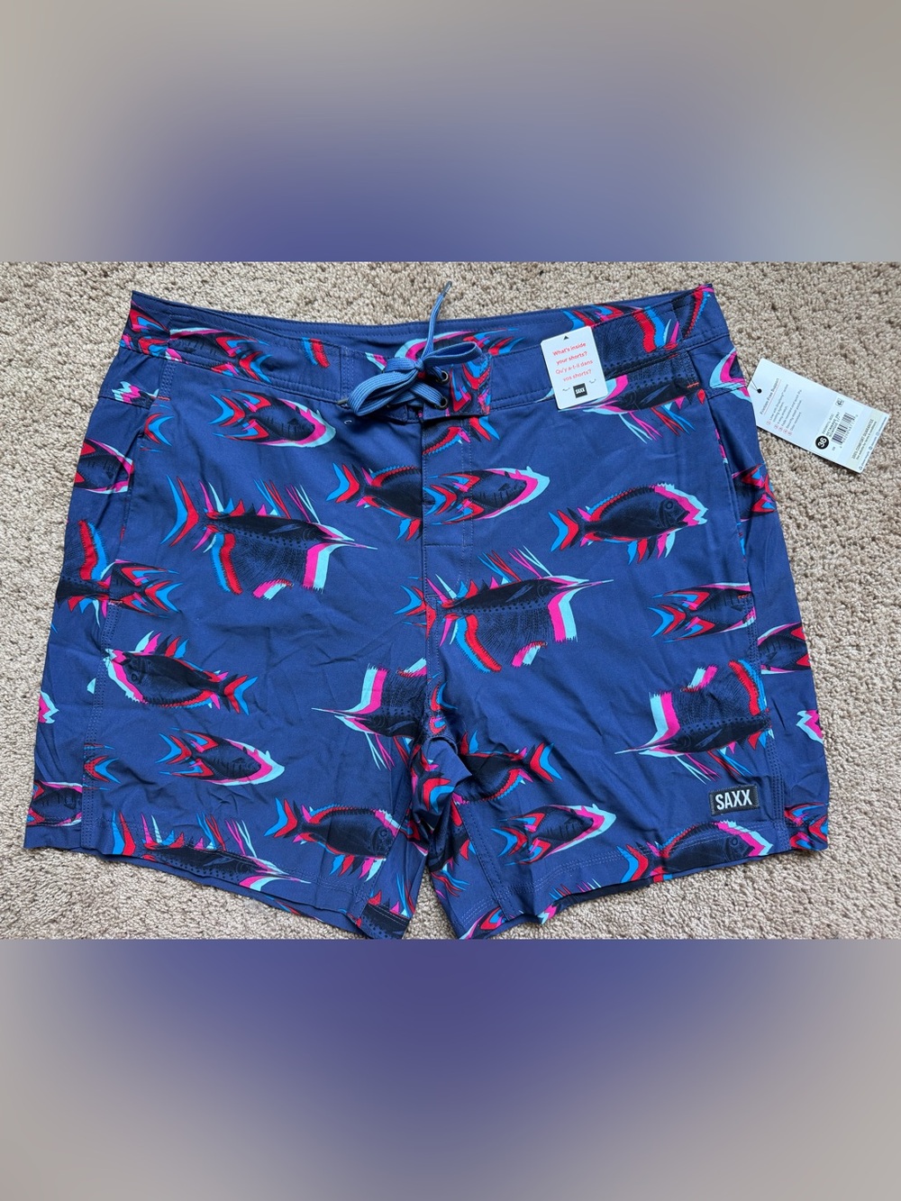 Saxx NWT Men's Navy Swim Betawave Boardie 17” with Fish Accent Pattern